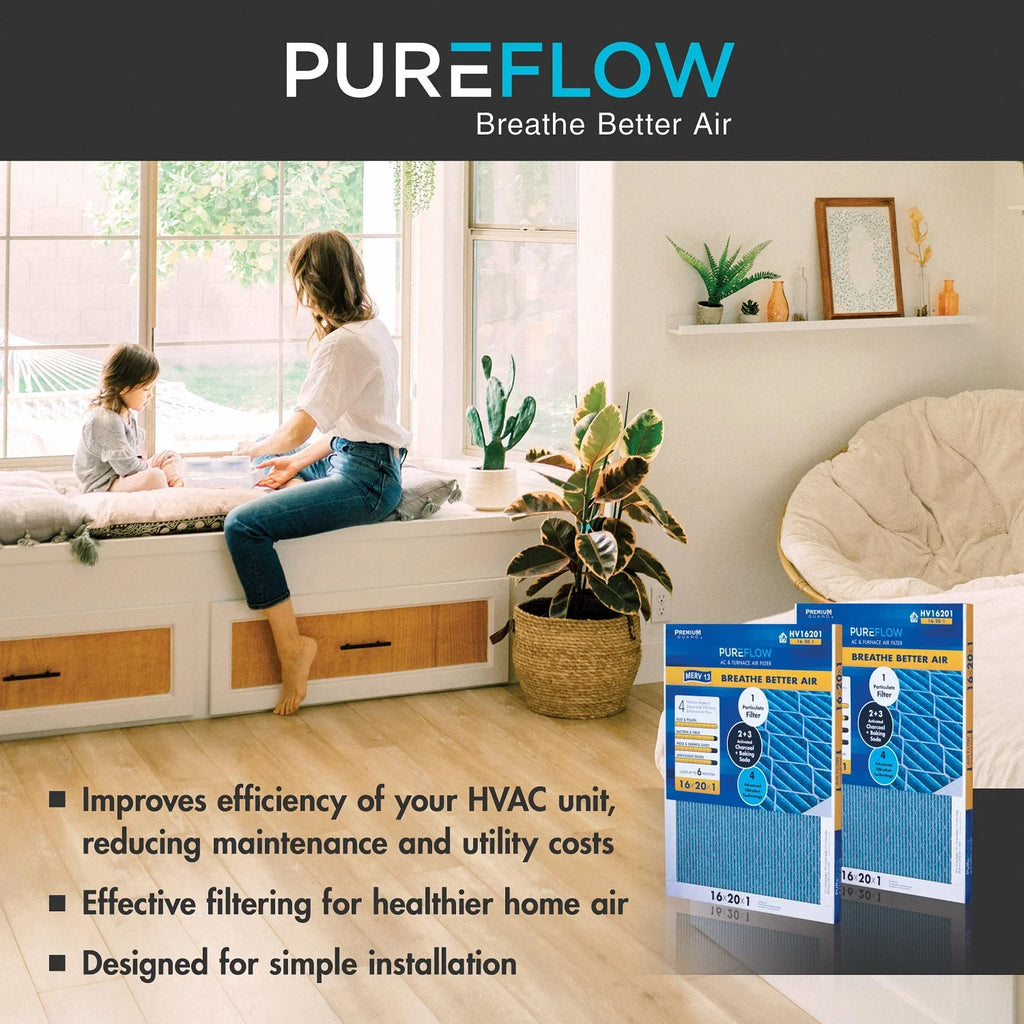 PureFlow, Home Furnace Air Filter 16x25x1, with 4 Layers of Advanced Filtration Technology, MERV-13 Pack-of-2