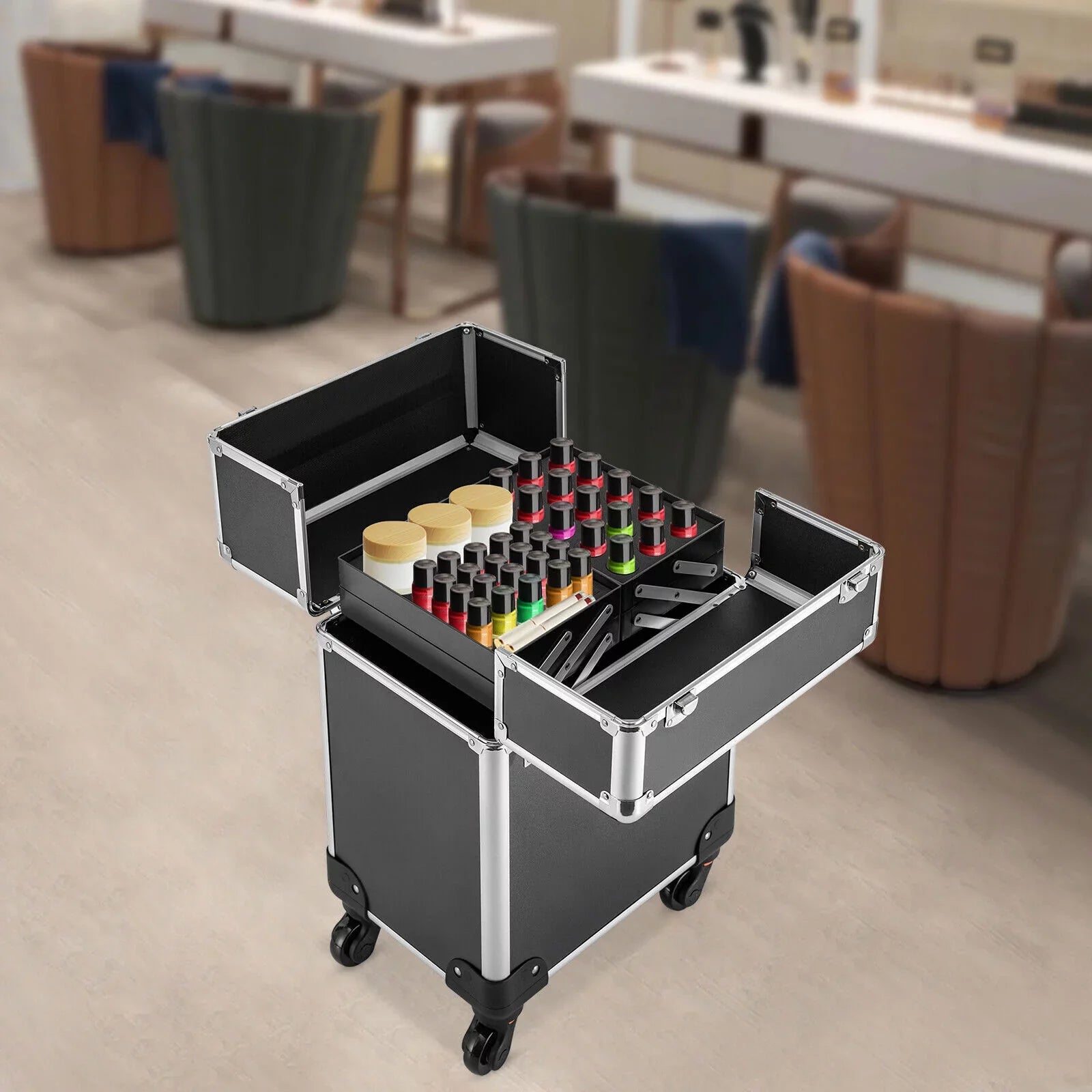Rolling Lockable Makeup Train Case Hairdresser Trolley, Stylist Beauty Nail Salon Barber Case Cosmetic Luggage Travel Trunk Cart Organizer Tool Box with Swivel Wheels (Black)