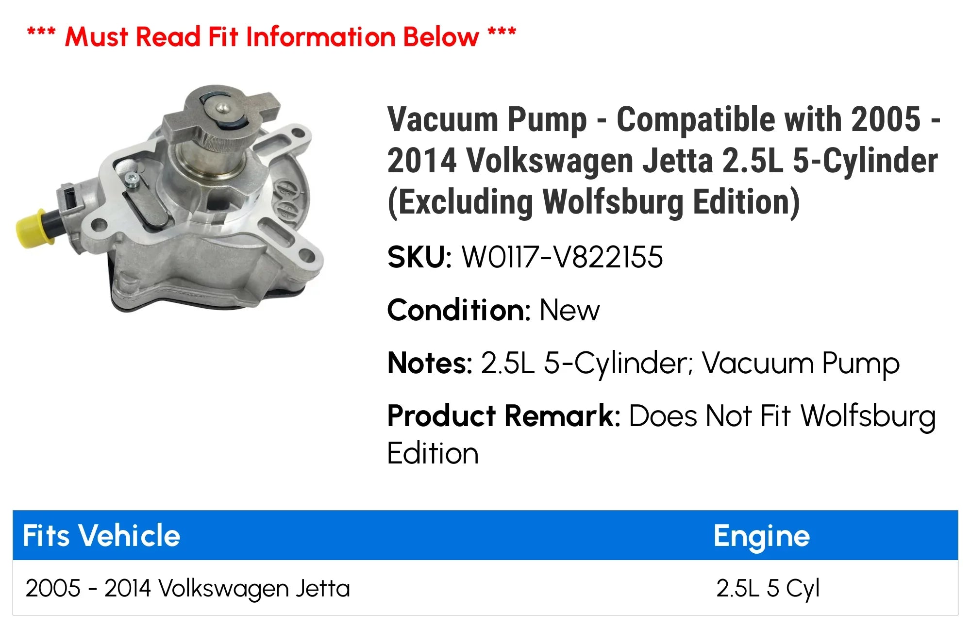 Vacuum Pump - Compatible with 2005 - 2014 Volkswagen Jetta 2.5L 5-Cylinder (Excluding Wolfsburg Edition) 2006 2007 2008 2009 2010 2011 2012 2013