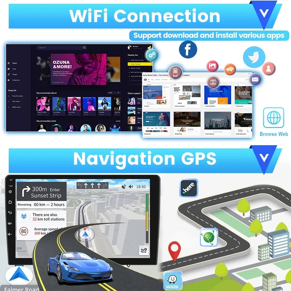 Podofo 1+16G Double DIN 9'' Touchdisplay Car Stereo Radio Wireless Carplay Android Auto Mirror Link Android 12 HD 1080P WIFI GPS FM Bluetooth, AHD Backup Camera