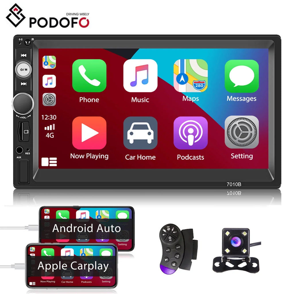 Podofo Double 2 Din 7'' Universal Car Stereo Radio  Carplay Android Auto Mirror Link HD Touch Screen Car Audio Multimedia Player MP3 MP5 Bluetooth FM USB, with Backup Camera