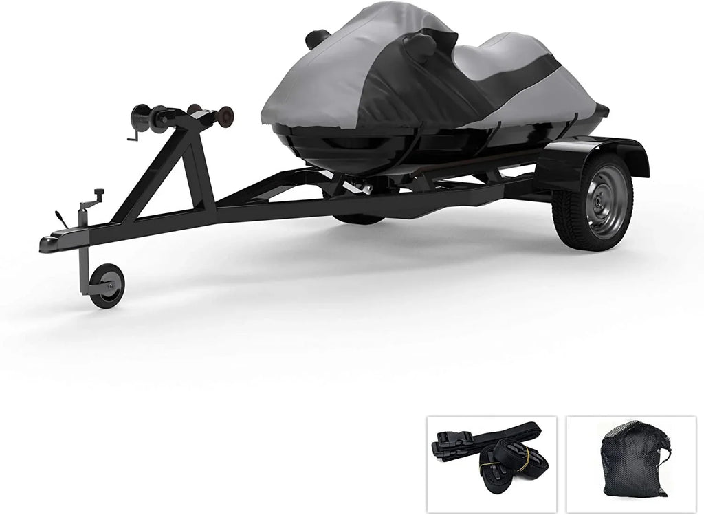 Custom Fit Weatherproof Jet Ski Covers Full for Yamaha Waverunner FX Cruiser/HO/SHO/FX HO 2007-2008 - Gray/Black - Trailerable - All Weather - Rain & Sun - Free Trailer Straps & Bag