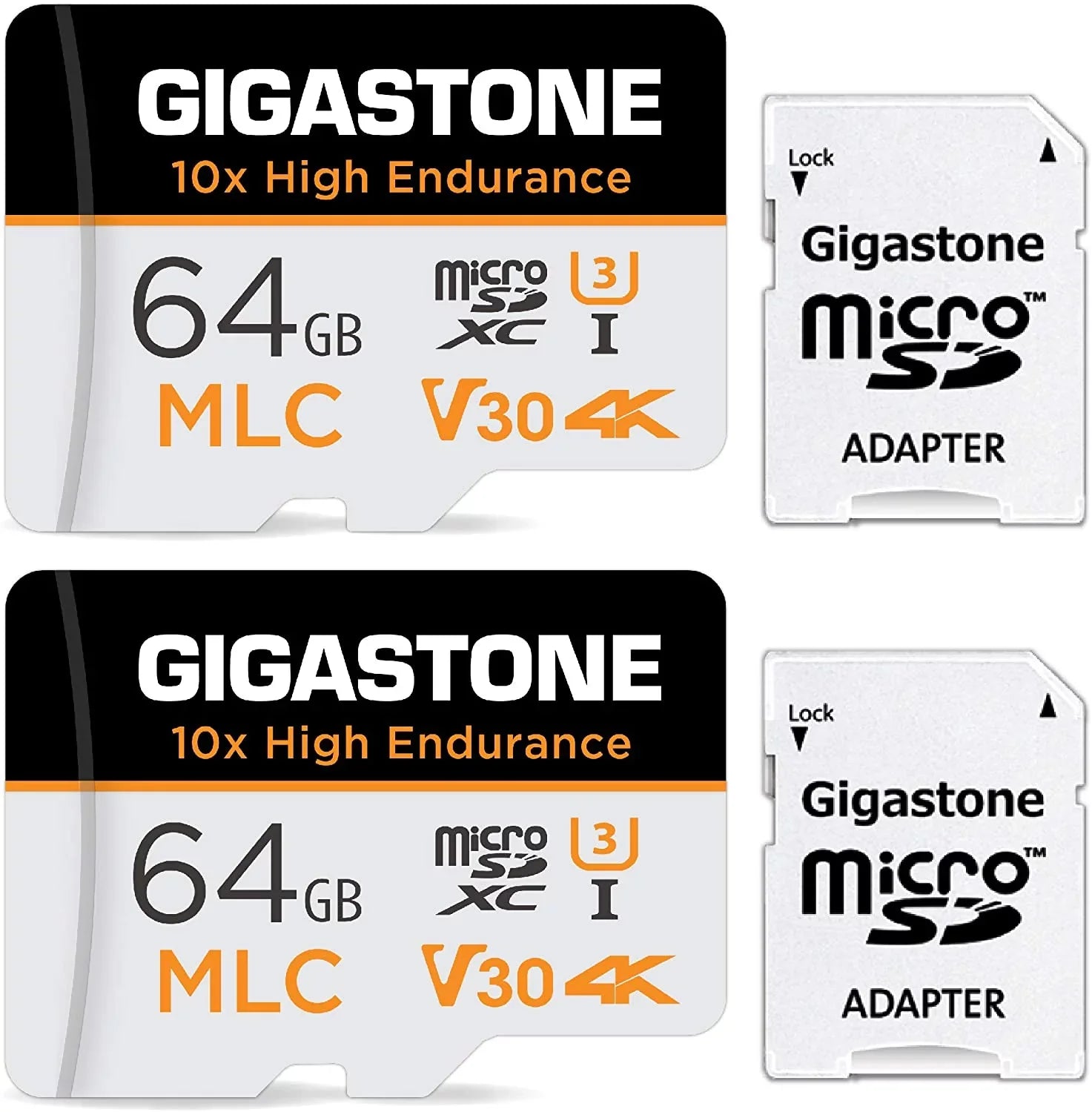 Gigastone 64GB MLC Micro SD Card, 10x High Endurance (MLC) 4K Video Recording, Security Cam, Dash Cam, Surveillance Compatible 100MB/s, U3 C10, 2 Pack (2x64GB)