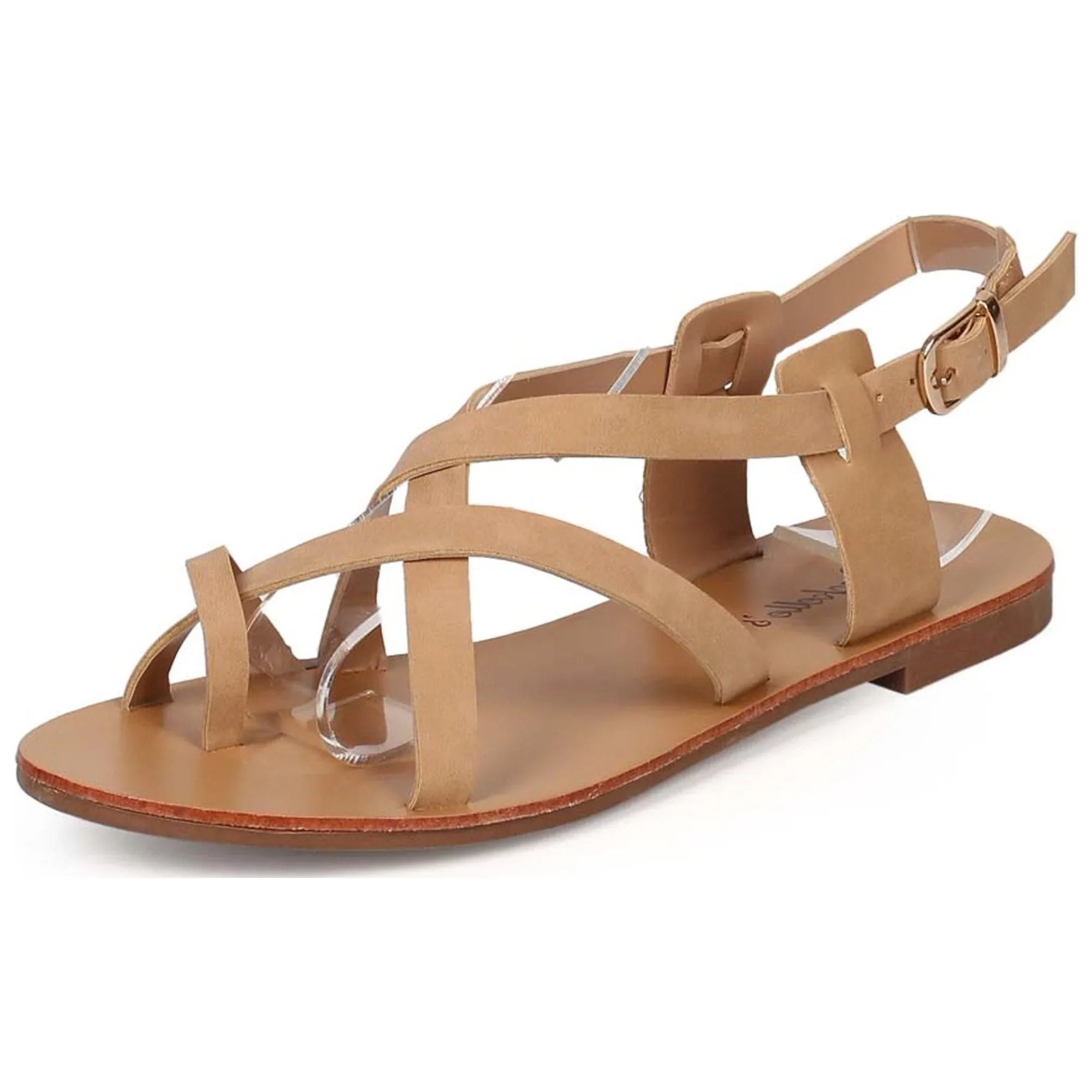 Breckelles Kiera-04 Natural Leatherette Toe Ring Criss Cross Slingback Sandals (Natural, 5.5)