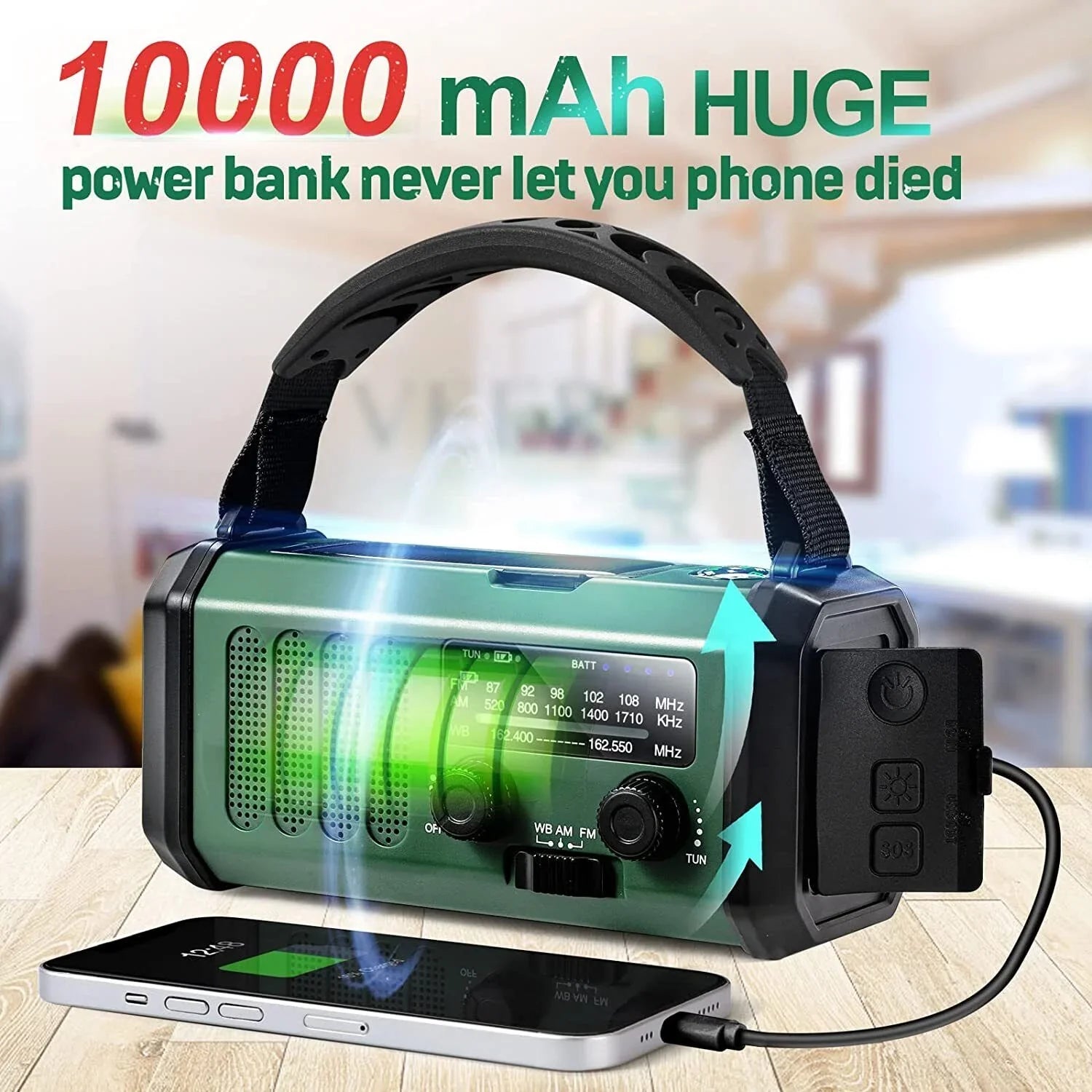 10000mAh Emergency Solar Hand Crank Weather Radio Power Bank Charger with Flashlight