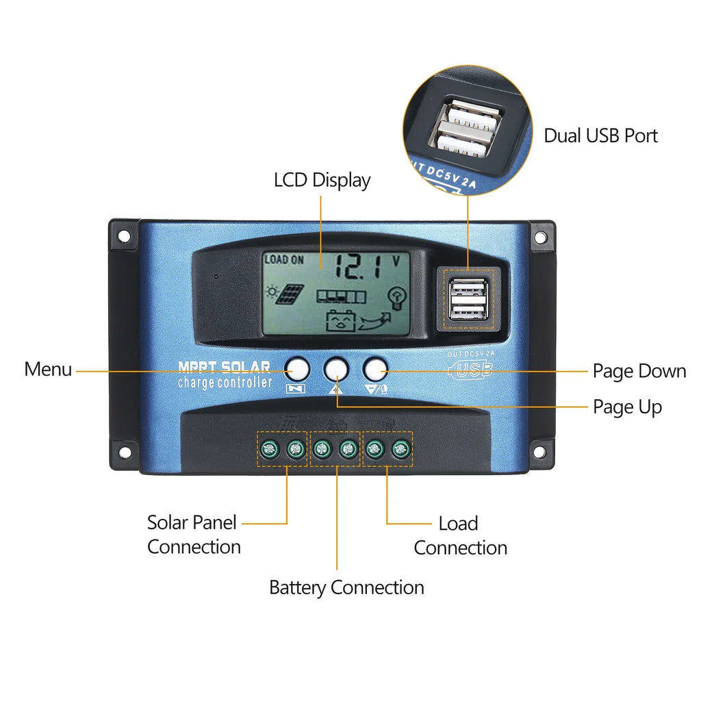 MPPT Solar Charge Controller Dual USB Solar Controller Smart LCD Screen MPPT Tracking 5V/2A Dual USB Output 12V/24V Automatic Identification