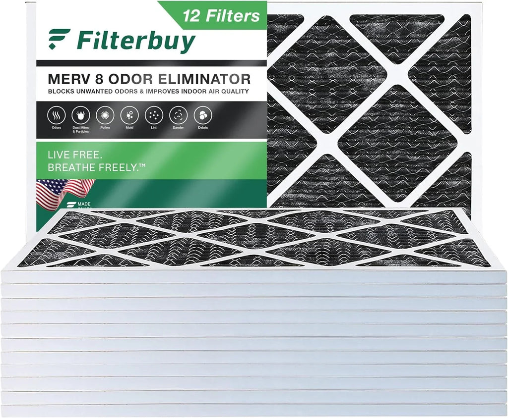 Filterbuy 16x25x1 MERV 8 Odor Eliminator Pleated HVAC AC Furnace Air Filters with Activated Carbon (12-Pack)
