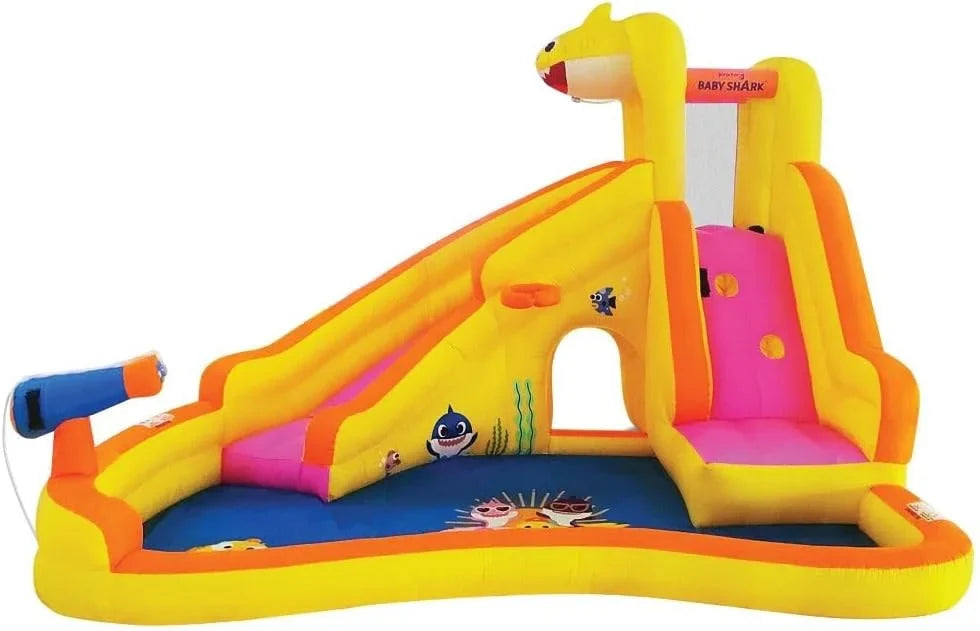 Funormous Baby Shark Bounce House with Slide Wet or Dry, Pink Fong InfLatitudeable Water Slide, Party Outdoor Curve Waterslide Fun, Kids Backyard Water Park, Includes Water Sprayer, Pool & Blower