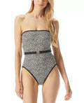 Michael Kors Women's Logo Belt Printed Bandeau One Piece Swimsuit Black Size 8