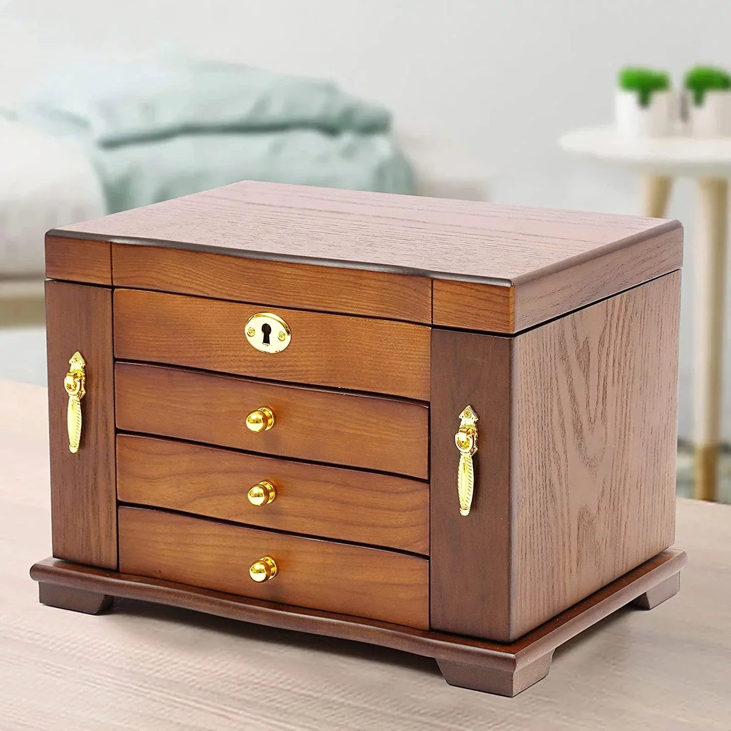 MONIPA 4 layers Wooden Gemstone Display Case Jewelry Storage Case W/ 4 Drawers and 2 Swing-out Cabinets
