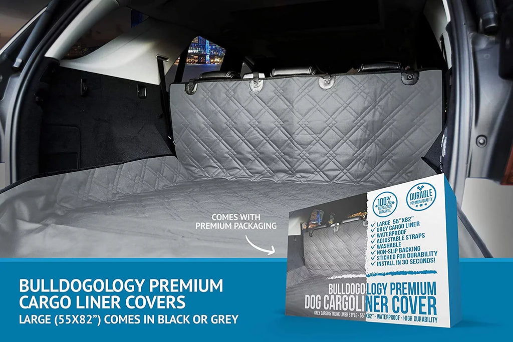 Bulldogology SUV Cargo Liner for Dogs - Heavy Duty Pet Trunk Cargo Cover - Dog Car Seat Cover Waterproof Nonslip - Dog Hair, Muddy Paws, Scratches Cover Protector for Cars Vans SUVs (X-Large, Grey)