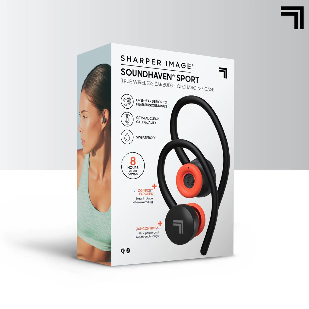 Sharper Image® SoundHaven® Sport True Wireless Bluetooth Earbuds with Qi Charging Case, Black