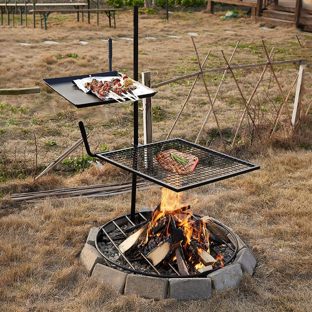 Campfire Grill Grate,Double Layer Fire Pit Grill Grate Over Fire Pit,Three Section Height Adjustable Grill Grate for Outdoor Open Flame Cooking