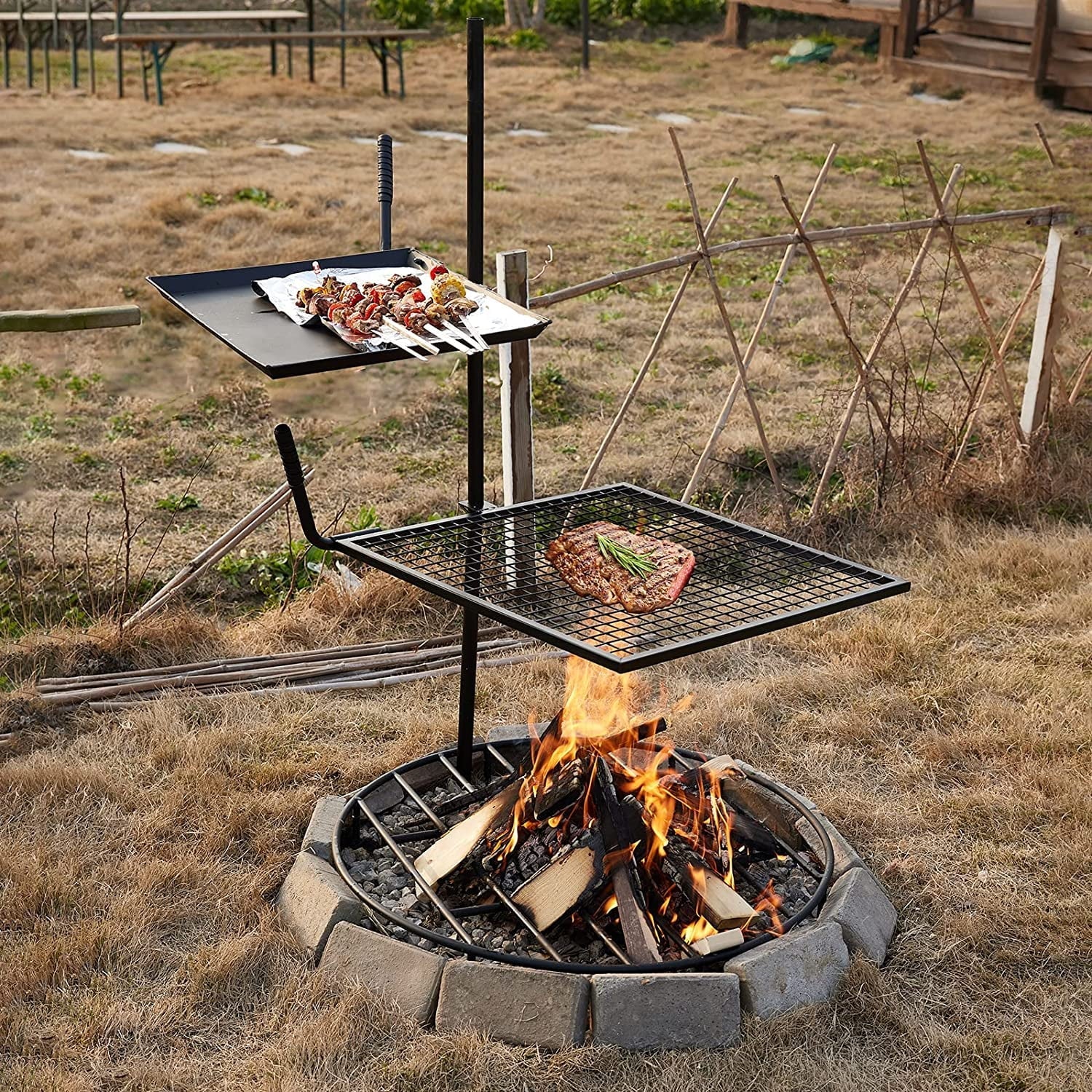 Campfire Grill Grate,Double Layer Fire Pit Grill Grate Over Fire Pit,Three Section Height Adjustable Grill Grate for Outdoor Open Flame Cooking