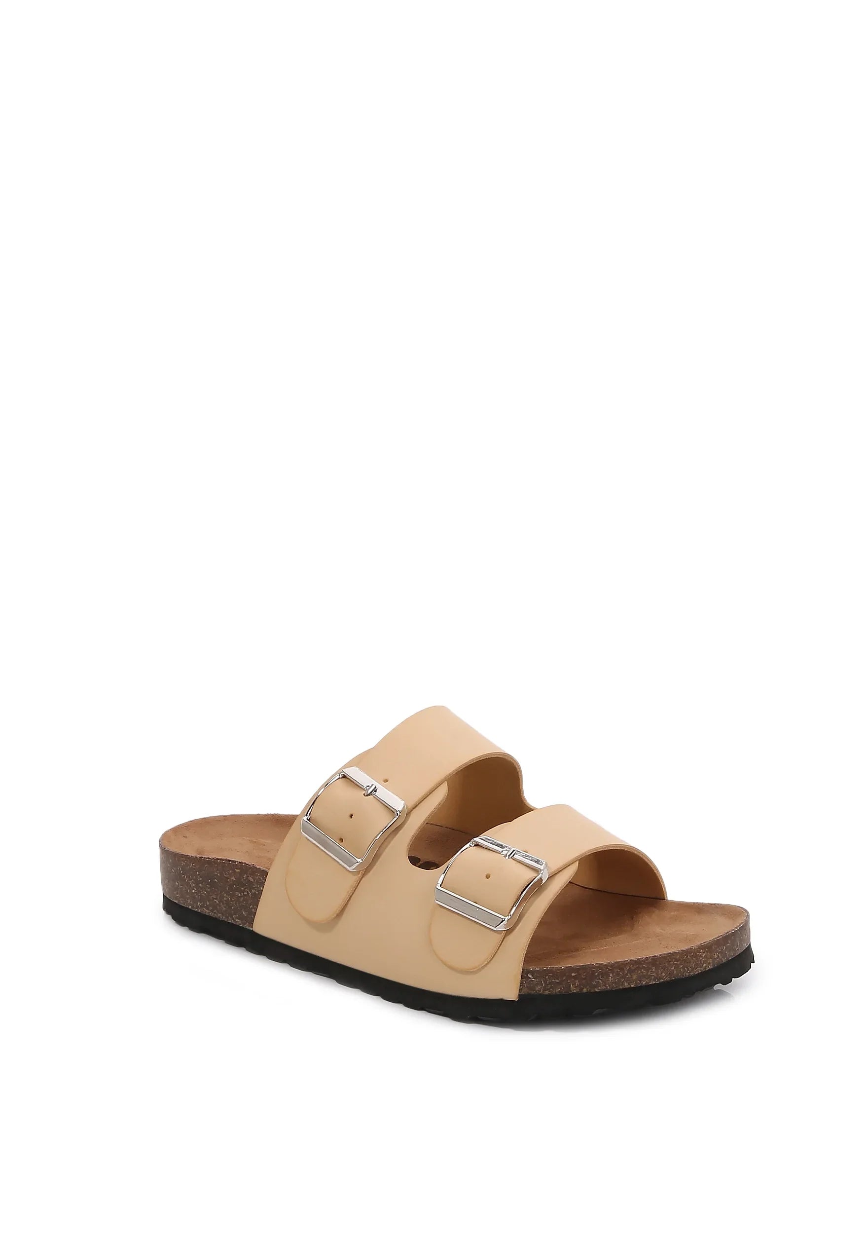 Women Soft Cork Cushioned Footbed PU Leather Double Strap Slider Sandal (PU Apricot/ 6)