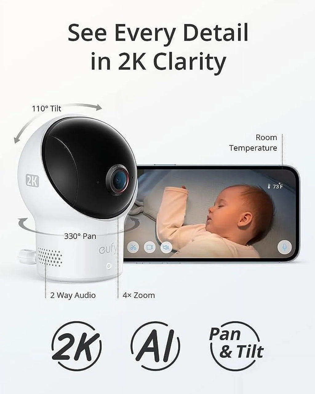 Open Box Eufy Security Wi-Fi Baby Monitor Security Camera 2K Pan Tilt T8360 - White