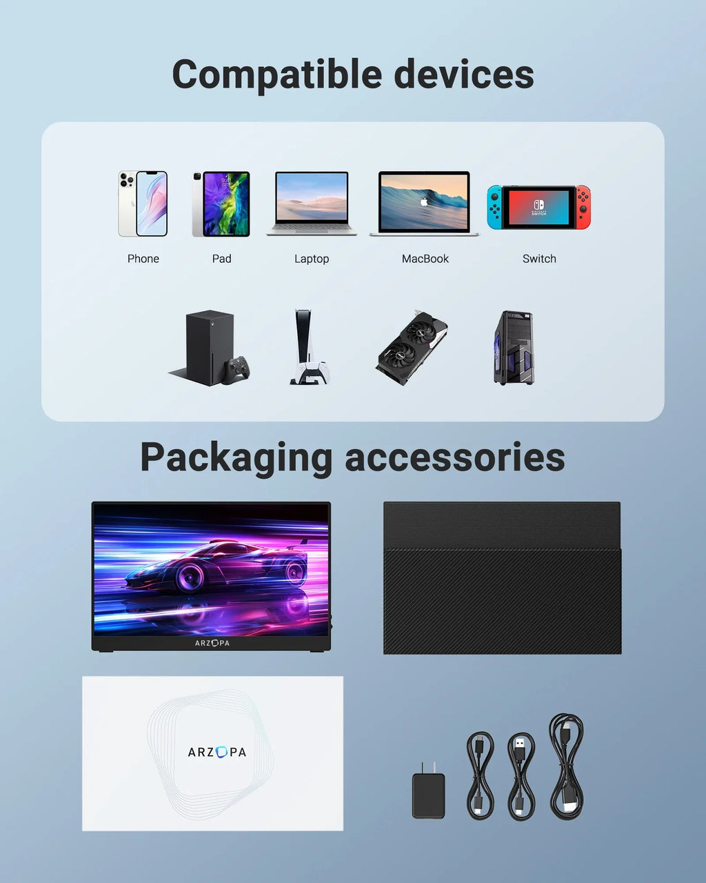Arzopa 15.6'' 144Hz Portable Gaming Monitor, 1080P FHD USBC HDMI, External Second Screen for Laptop, PS5