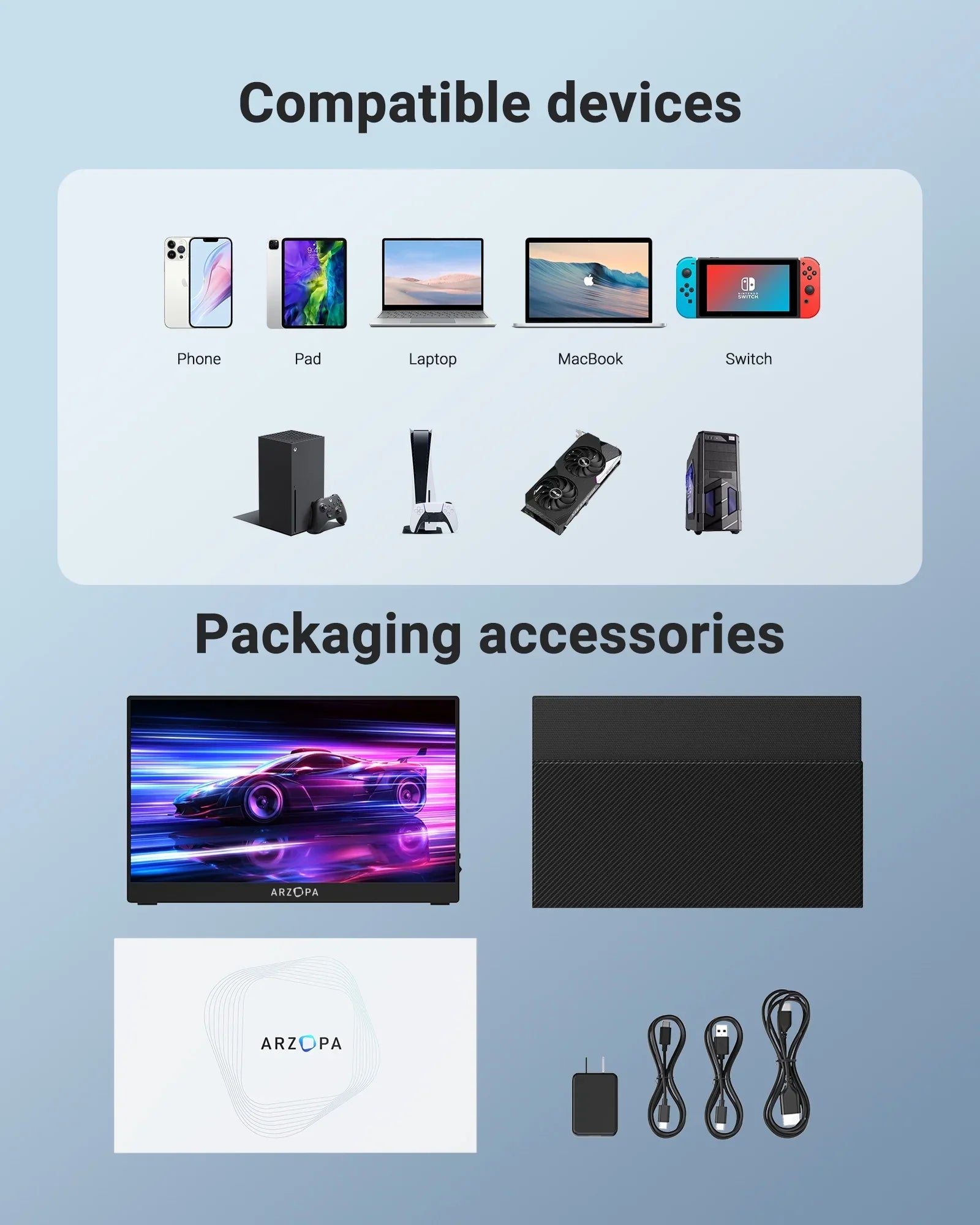 Arzopa 15.6'' 144Hz Portable Gaming Monitor, 1080P FHD USBC HDMI, External Second Screen for Laptop, PS5