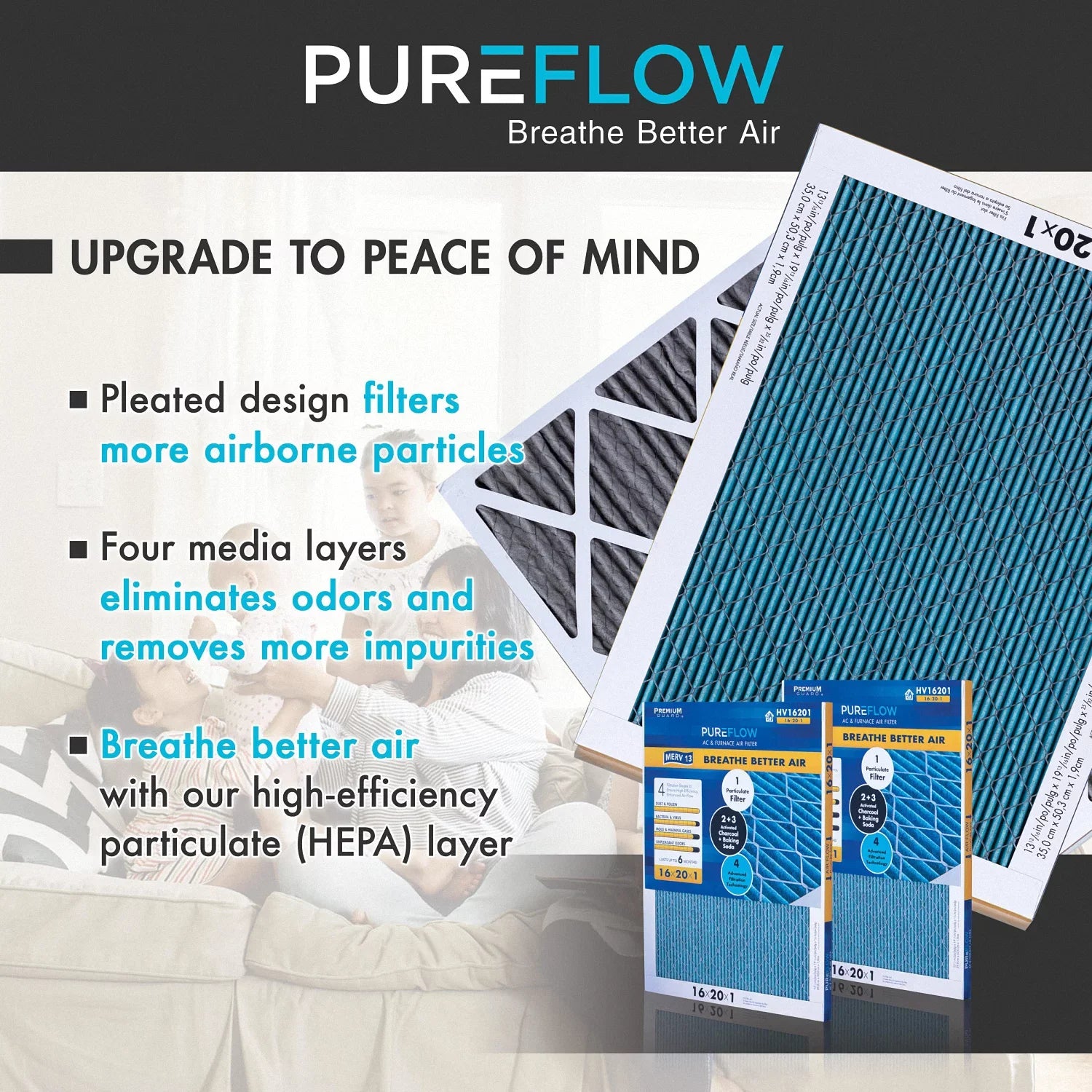PureFlow, Home Furnace Air Filter 16x25x1, with 4 Layers of Advanced Filtration Technology, MERV-13 Pack-of-2