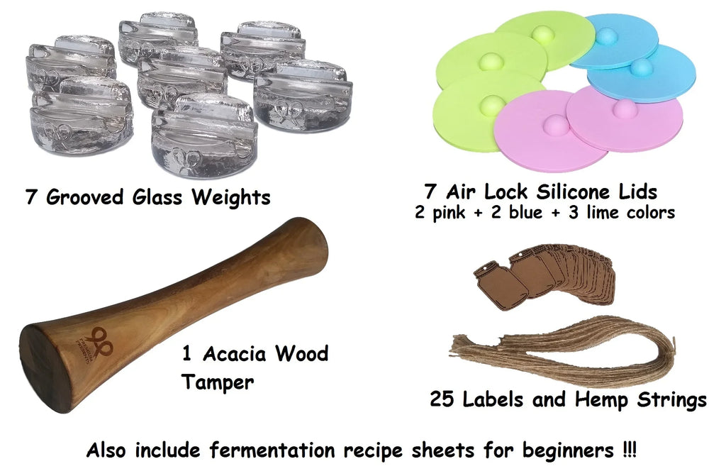 Canning kit. Complete DIY fermentation kit for wide mouth mason jars or pickling jars for 7 sets for making pickles, sauerkraut, kimchi, etc  Glass weights, tamper, airlock lids, and recipe included.