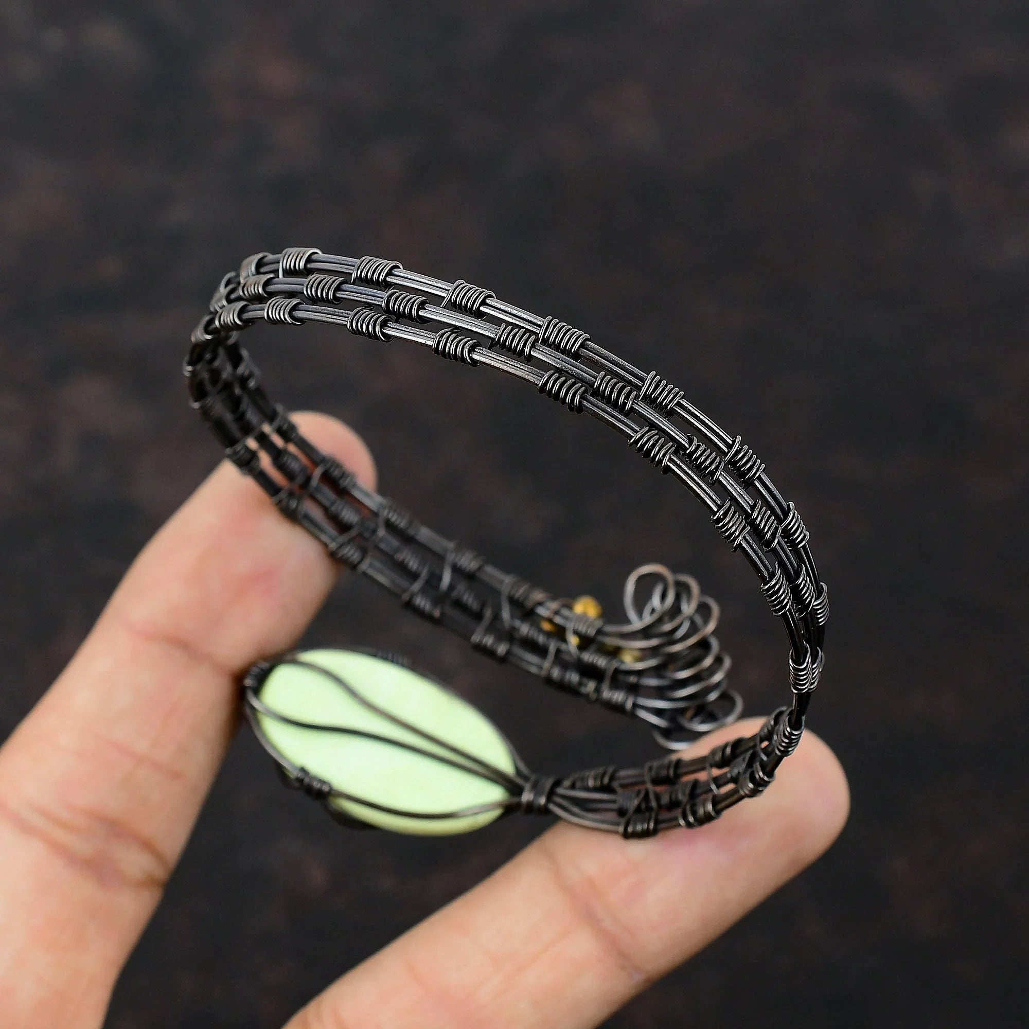 Lemon Chrysoprase Copper Wire Wrapped Cuff Bracelet Gemstone Adjustable Bangle