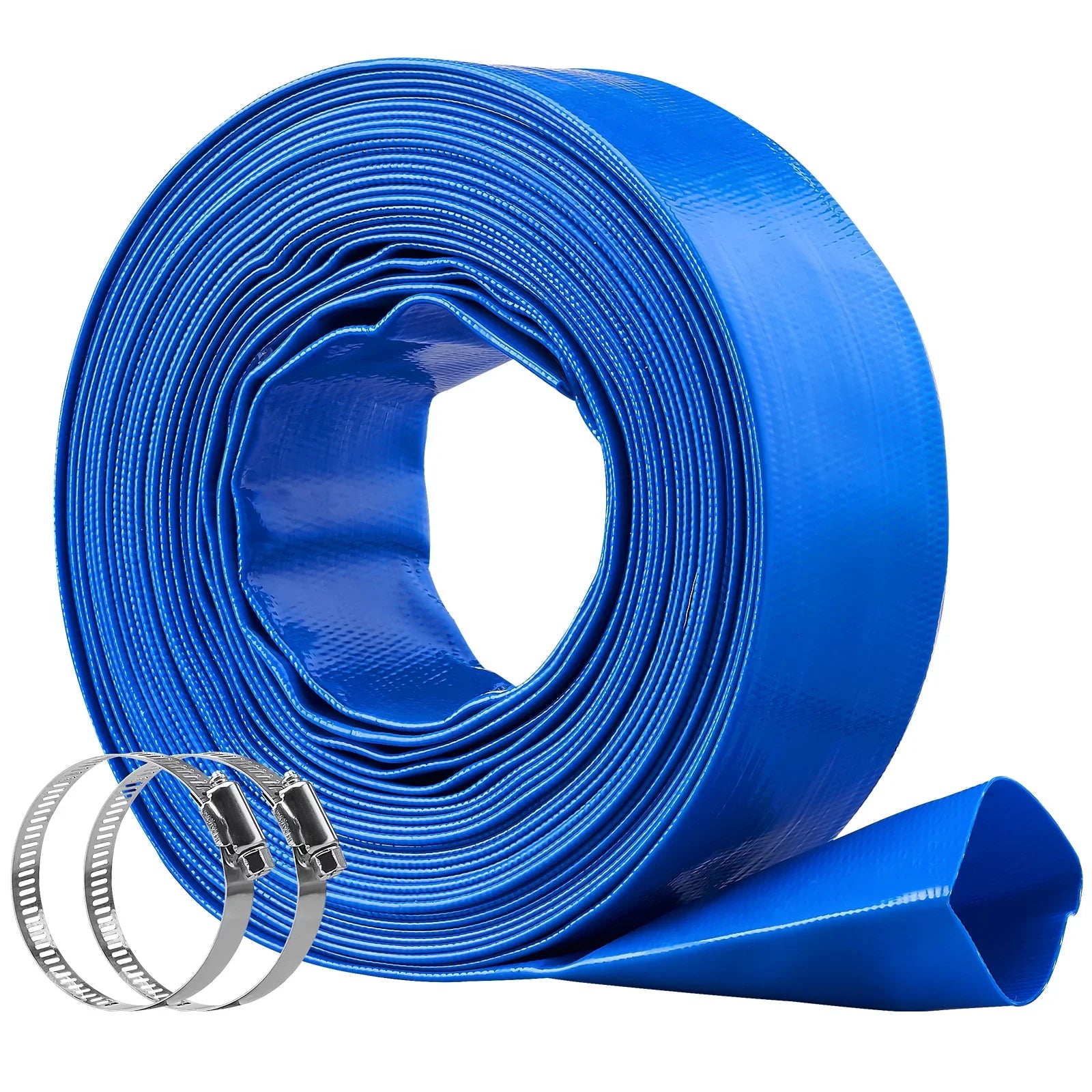 BENTISM Swimming Pool Filter Backwash Hose with Clamps 2'' x 50' Premium PVC Lay FLatitude Discharge Hose Blue Weather and Chemical Resistant