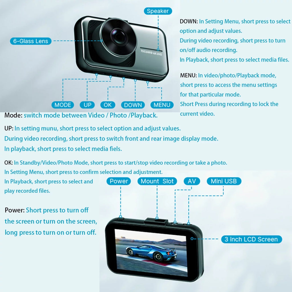 Dual Dash Cam Front and Rear 4K+1080P Dash Cam for Cars, 3" Car Dash Camera with Parking Monitor, Support 256GB