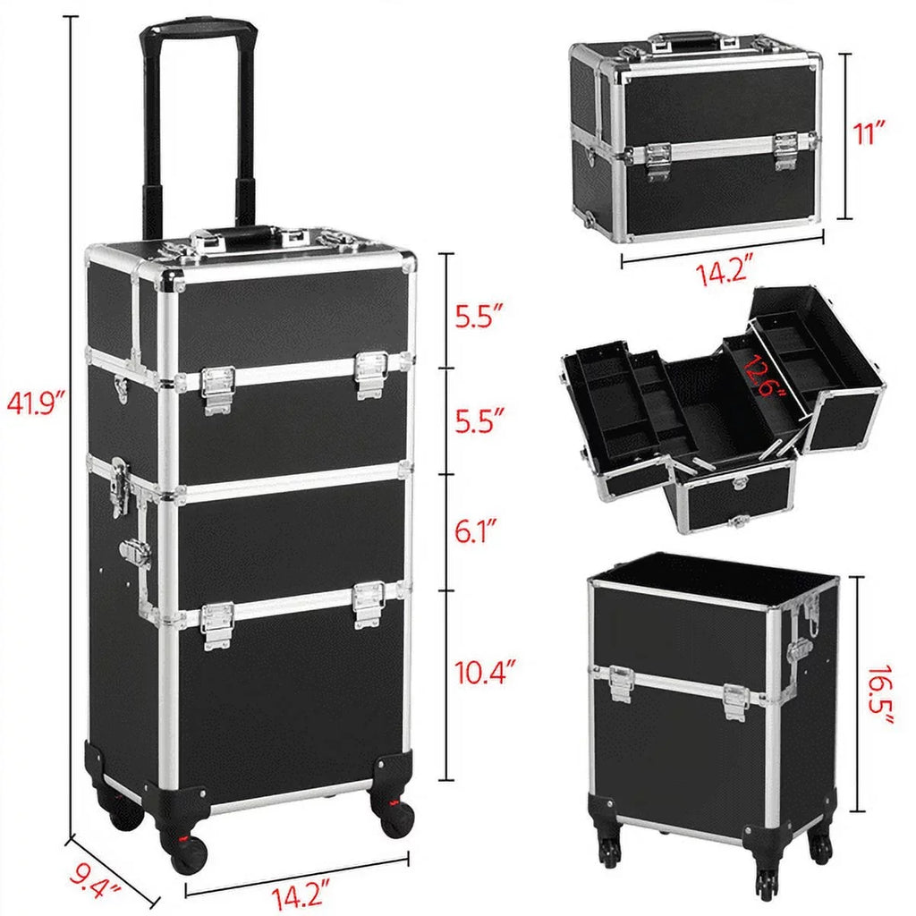 Easyfashion 3-in-1 Rolling Professional Cosmetic Makeup Case, Black