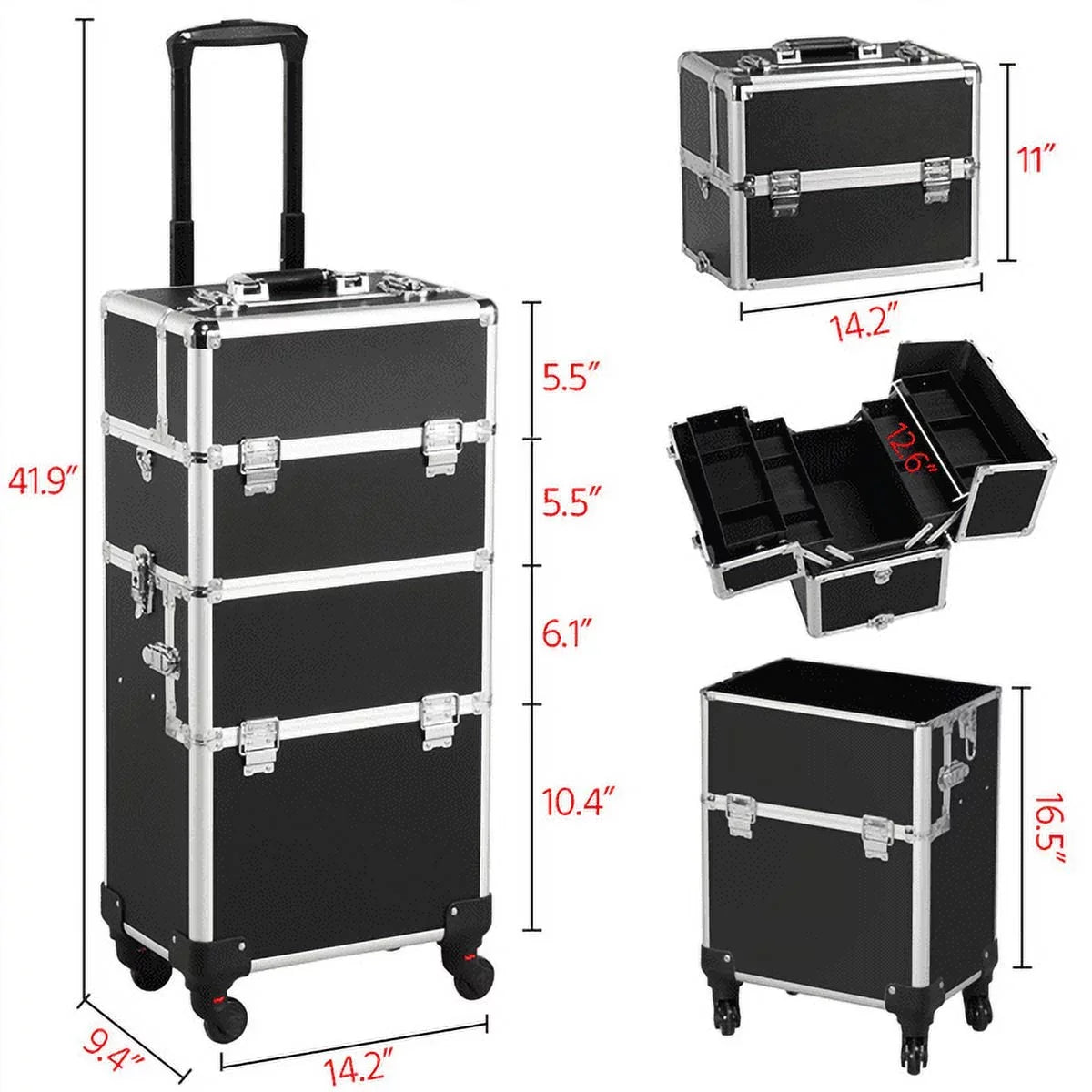 Easyfashion 3-in-1 Rolling Professional Cosmetic Makeup Case, Black