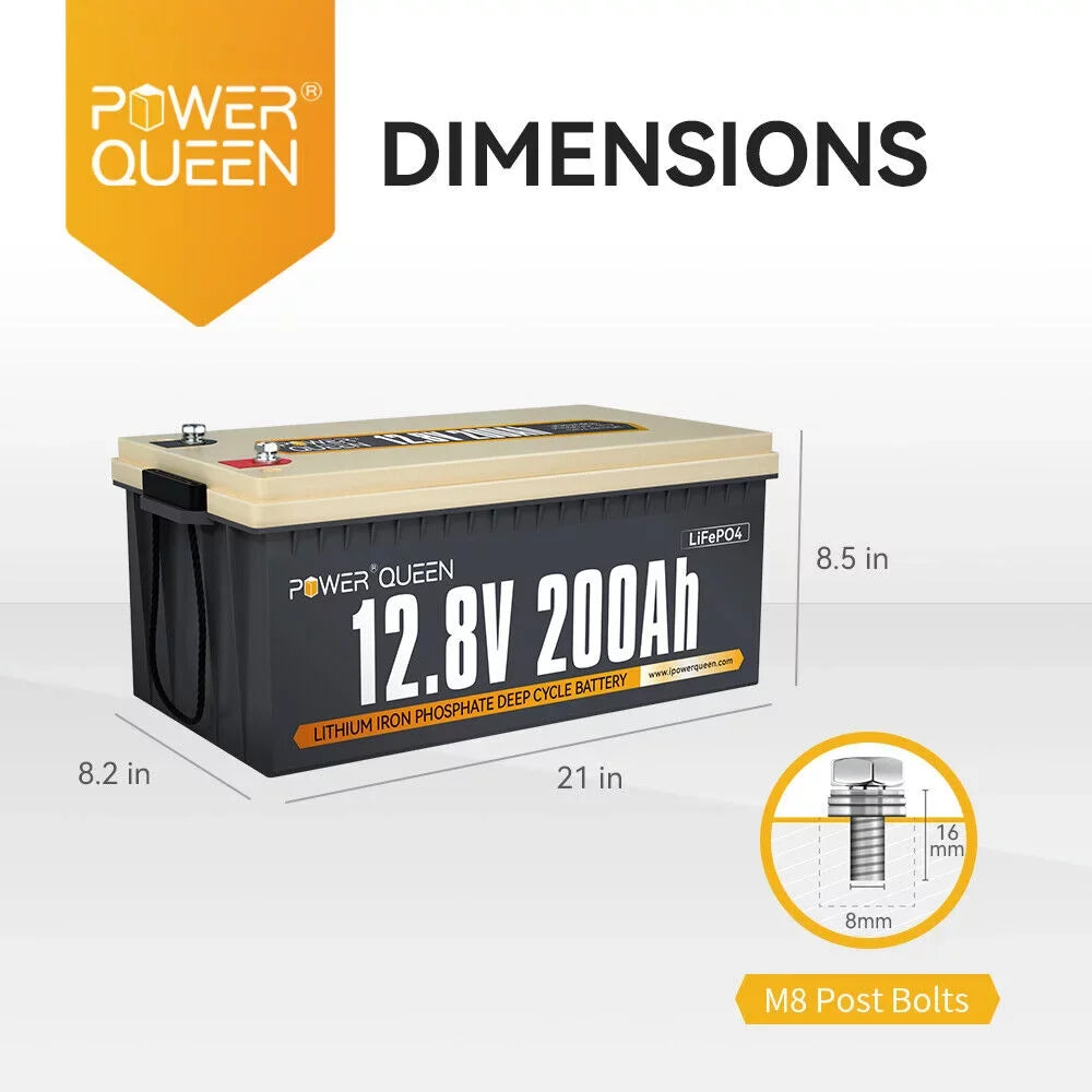 Power Queen 12.8V 200Ah LiFePO4 Battery 2560Wh 4000+ Cycles for Solar RV Camper Off-Grid