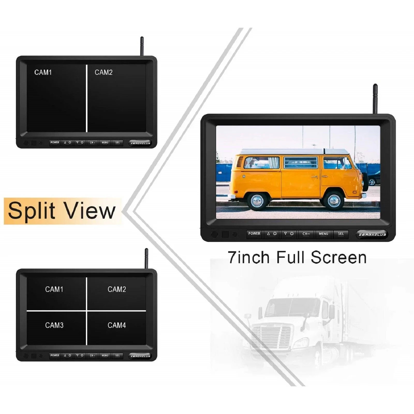 ZEROXCLUB Wireless Backup Camera 7'' 1080P HD LCD Monitor IP69 Waterproof Night Vision Parking System for RV/Truck/Trailer/Van/Bus SW01