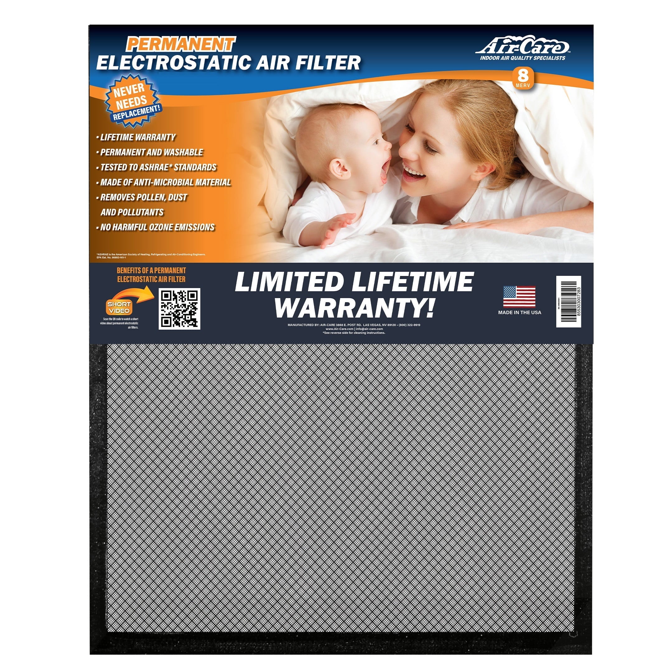 Air-Care 18x20 Electrostatic Flexible Permanent Washable HVAC Furnace Filter, MERV 8