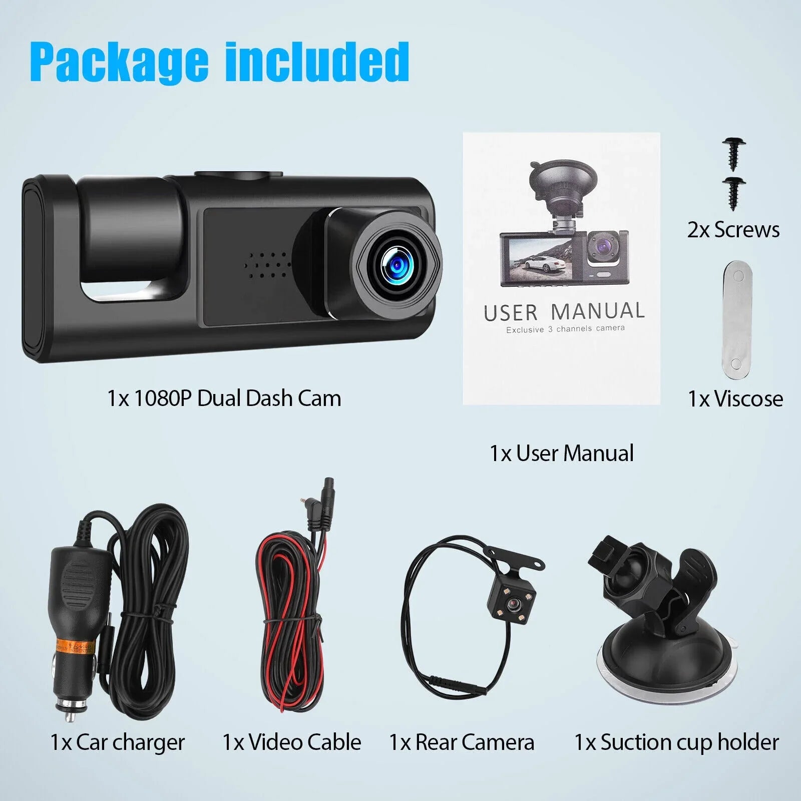 HD 1080P Car Dual Dash Cam,  Front/Rear/Inside Dual Lens Dash Camera,  Video Recorder Camera with G-sensor