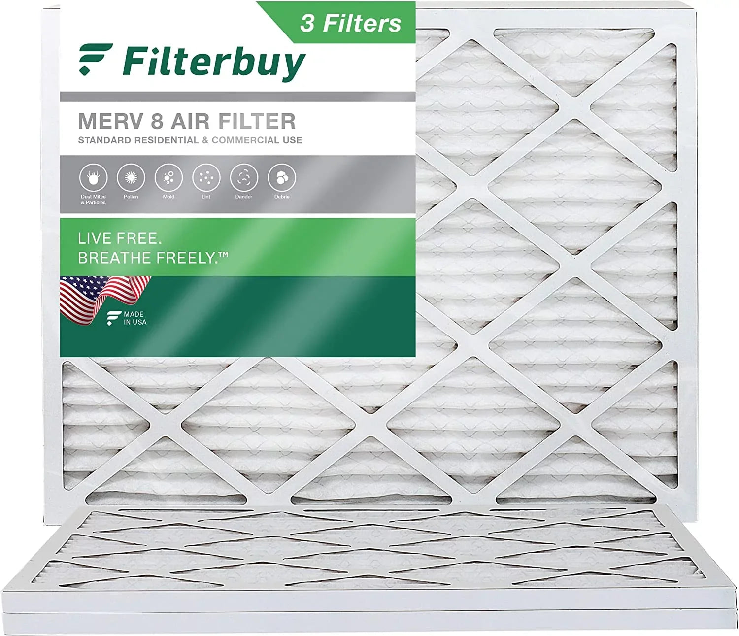 Filterbuy 17x21x1 MERV 8 Pleated HVAC AC Furnace Air Filters (3-Pack)