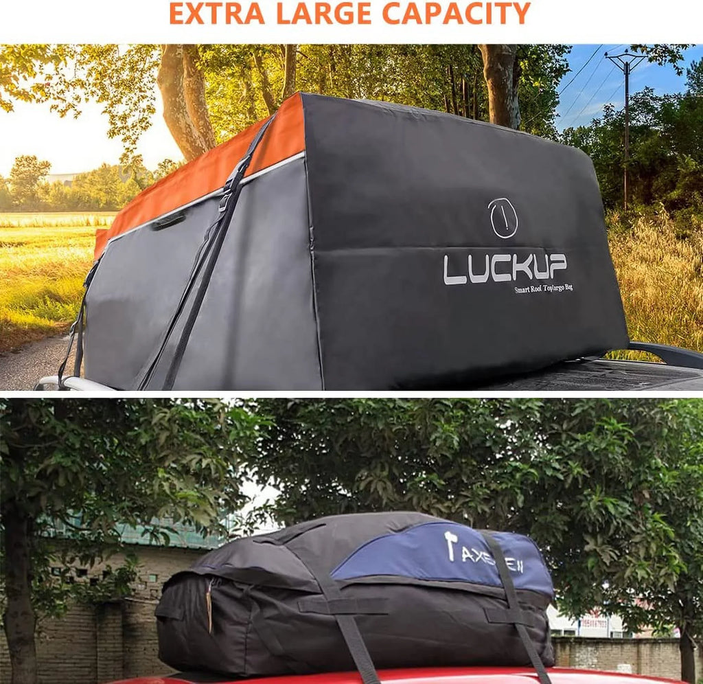 LUCKUP Roof Rack Car Cargo Carrier Bag,18.5 Cubic Ft Rooftop Box, Waterproof &Durable with Anti-Slip Mat, Heavy Duty Wide Straps and Buckles, Compatible for All Car Models (Black & Orange)