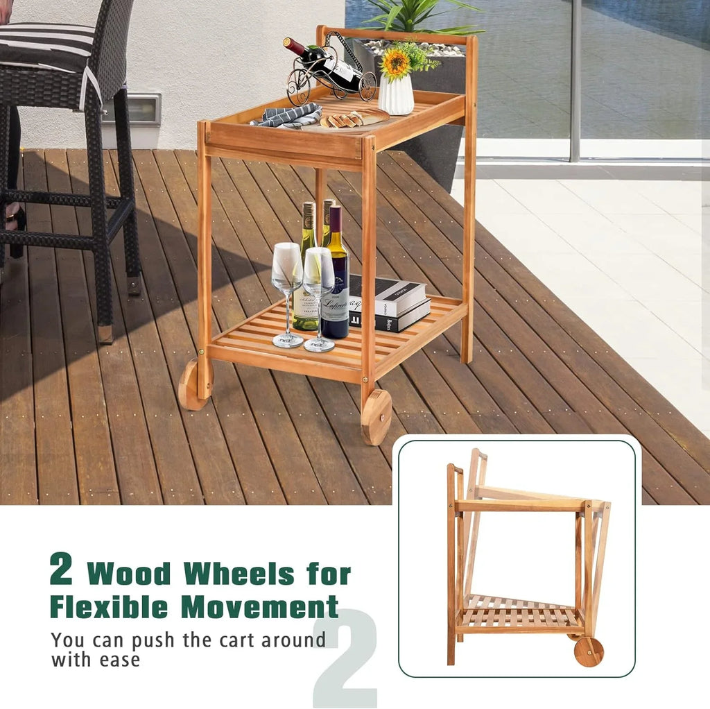 Patio Side Table on Wheels, Acacia Wood Outdoor Buffet Cart, Rolling Kitchen Island Serving Cart with Legs & Handle, 2-Tier Utility Cart for Home Kitchen Bar Garden Poolside