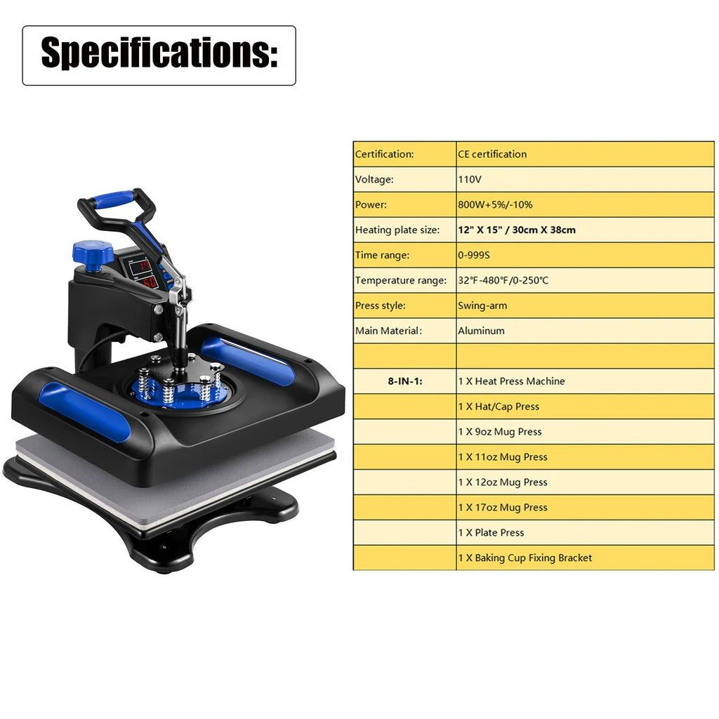 Blue Heat Press Machine 8 in 1, 12 x 15 Inches Sublimation Transfer Printer, Digital Precise LCD Control Printing, 360 Swing Away Vinyl Transfer Printer for T-Shirts, Canvas Bag, Pillow, Banner