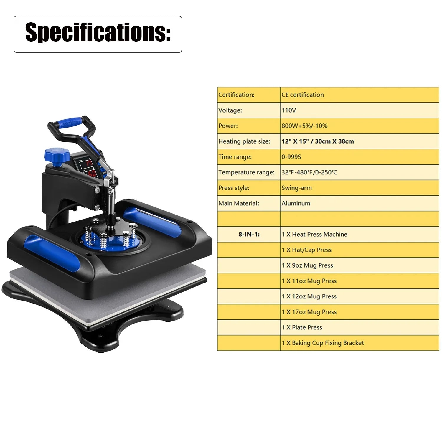 Blue Heat Press Machine 8 in 1, 12 x 15 Inches Sublimation Transfer Printer, Digital Precise LCD Control Printing, 360 Swing Away Vinyl Transfer Printer for T-Shirts, Canvas Bag, Pillow, Banner