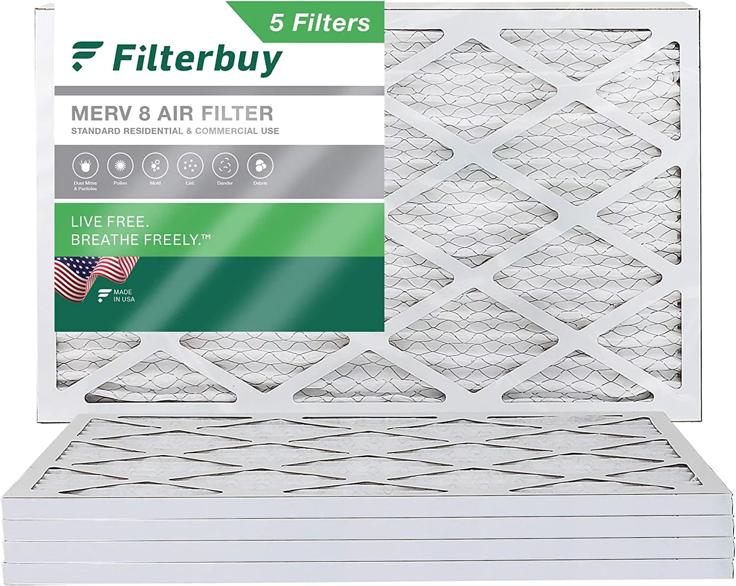 Filterbuy 15x30x1 MERV 8 Pleated HVAC AC Furnace Air Filters (5-Pack)