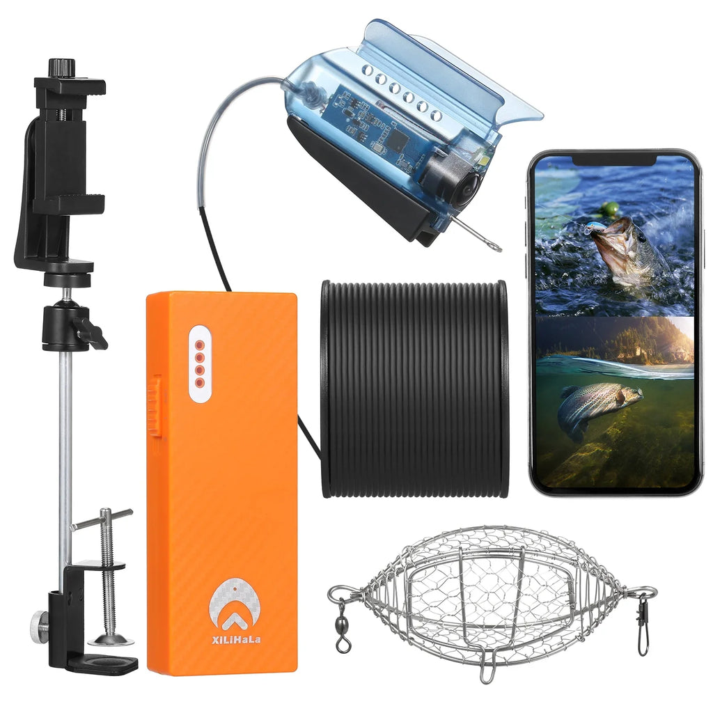 Dcenta 1080P Underwater Fishing Camera with APP Control Fishing Live Video Camera Fish Finder with 50M Cable Mobile Phone Holder Bait Cage Carry Case for Ice Lake Sea Boat Kayak Fishing