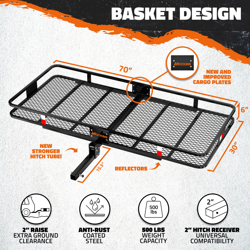 Mockins 70"x30"x6" XXL Trailer Hitch Cargo Carrier Hitch Mount | 500lbs Cap. Hitch Basket with 40 CF Bag & Foldable Arm