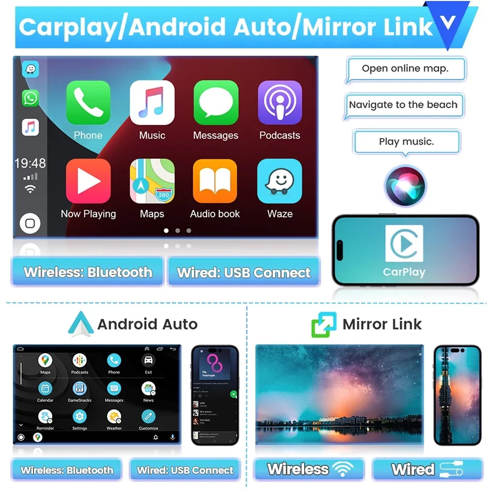Podofo 1+16G Double DIN 9'' Touchdisplay Car Stereo Radio Wireless Carplay Android Auto Mirror Link Android 12 HD 1080P WIFI GPS FM Bluetooth, AHD Backup Camera