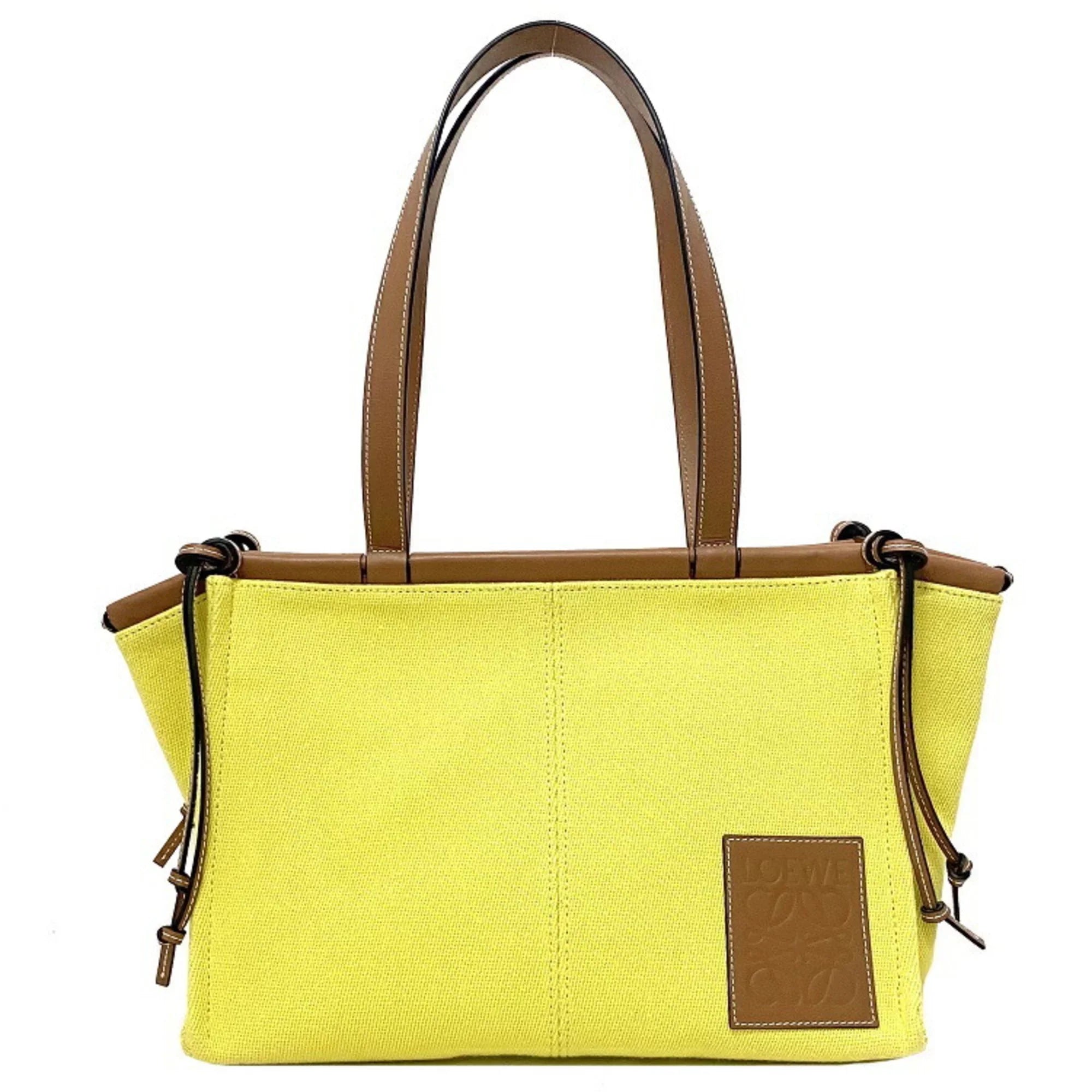 Pre-Owned Loewe cushion yellow brown leather patch anagram 330.02AA93 canvas LOEWE tote bag (Good)