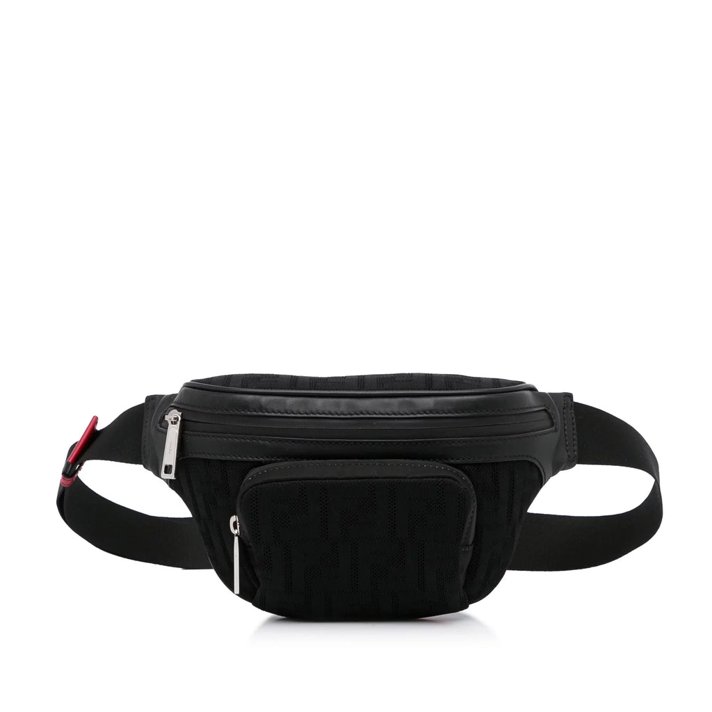 Pre-Owned Authenticated Fendi FF Neoprene Vitello Grace Perforated Pocket Belt Bag Knit Fabric Black Unisex (Good)