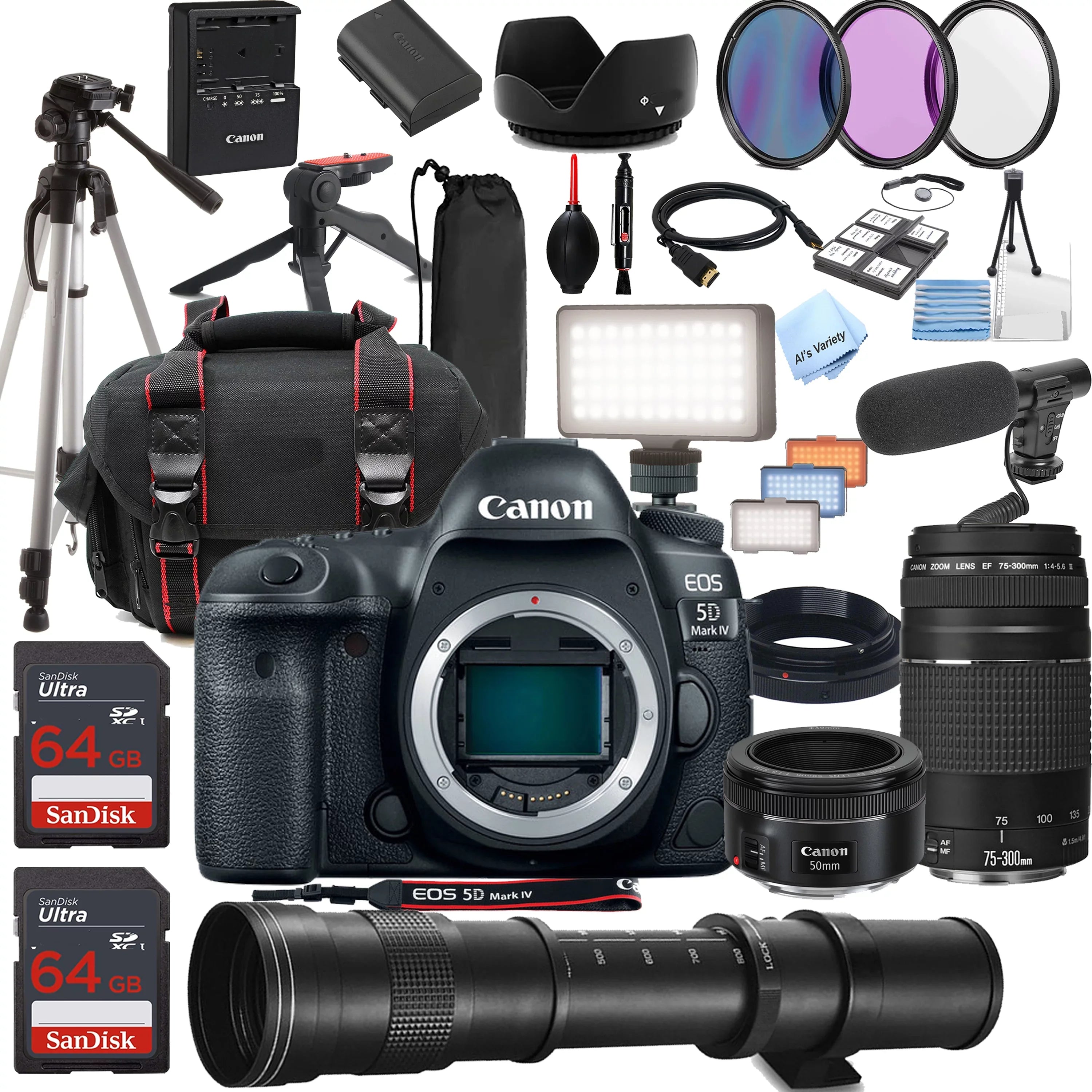 EOS 5D Mark IV DSLR Camera w/ EF 50mm STM + 75-300mm + 420-800mm Super Telephoto Lens + LED Always on Light + 128GB Memory, Filters, Case, Tripod + More (34PC Bundle Kit)