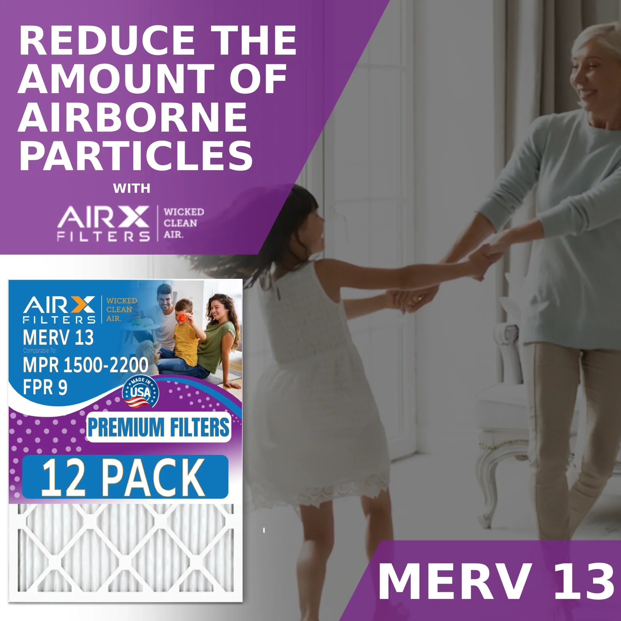 16x30x1 Air Filter MERV 13 Rating, 12 Pack of Furnace Filters Comparable to MPR 1500 - 2200 & FPR 9 - Made in USA by AIRX FILTERS WICKED CLEAN AIR.