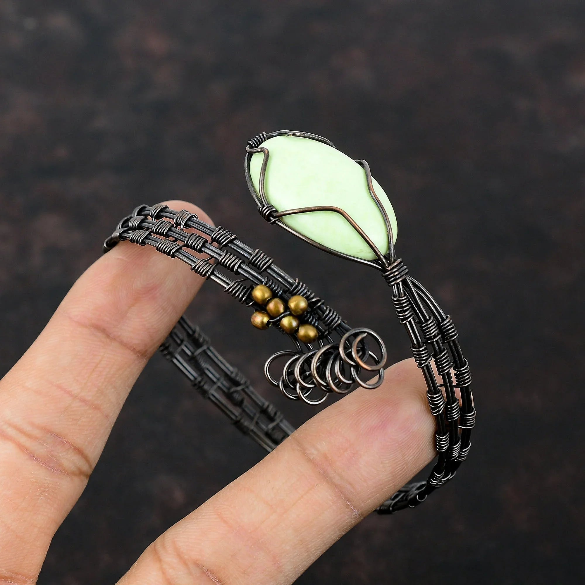 Lemon Chrysoprase Copper Wire Wrapped Cuff Bracelet Gemstone Adjustable Bangle