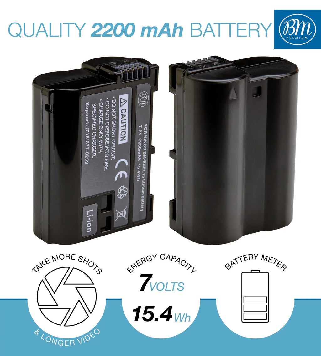 BM 2 EN-EL15B Batteries and Dual Bay Battery Charger for  Z6 Z7 D780 1 V1 D500 D600 D610 D750 D800 D810 D850 D7000 D7100 D7200 D7500 Cameras
