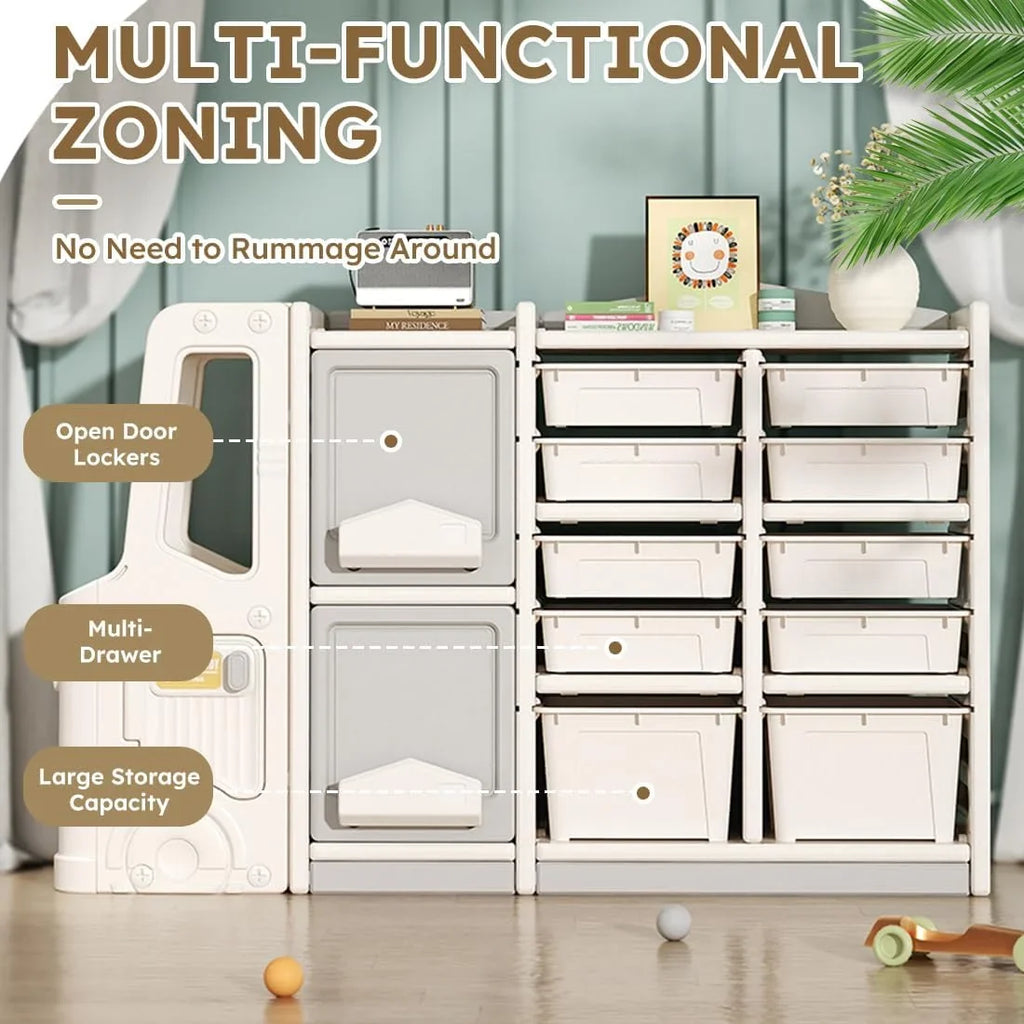 RUNFAYBIU Toy Organizer  Multi-Functional Bookshelf and Toy Box  Closed Cabinet and Pull-Out Drawer for Playroom  Children's Bedroom and Nursery. (10 Organizer Boxes + 2 Organizer Cab