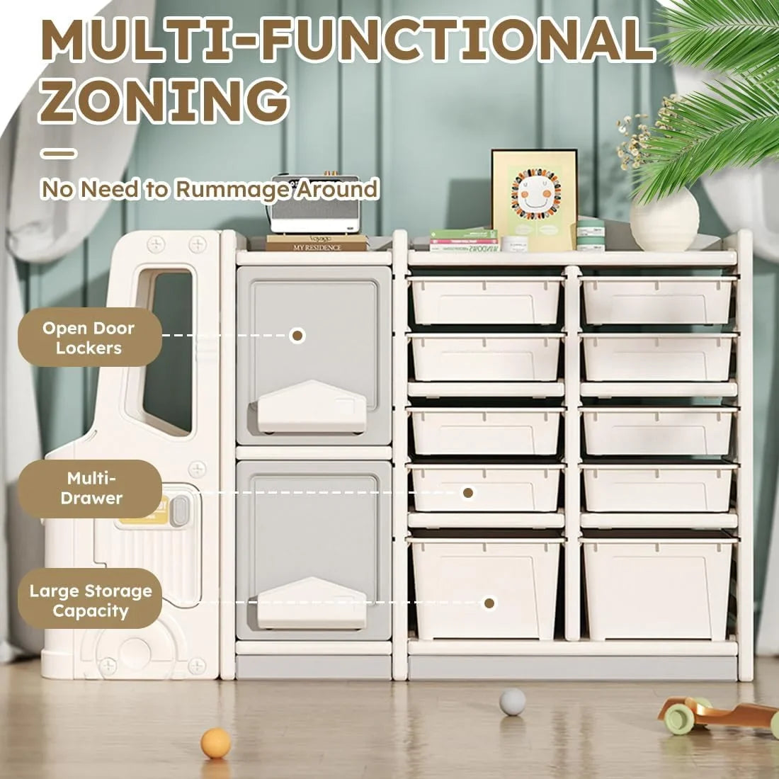 RUNFAYBIU Toy Organizer  Multi-Functional Bookshelf and Toy Box  Closed Cabinet and Pull-Out Drawer for Playroom  Children's Bedroom and Nursery. (10 Organizer Boxes + 2 Organizer Cab